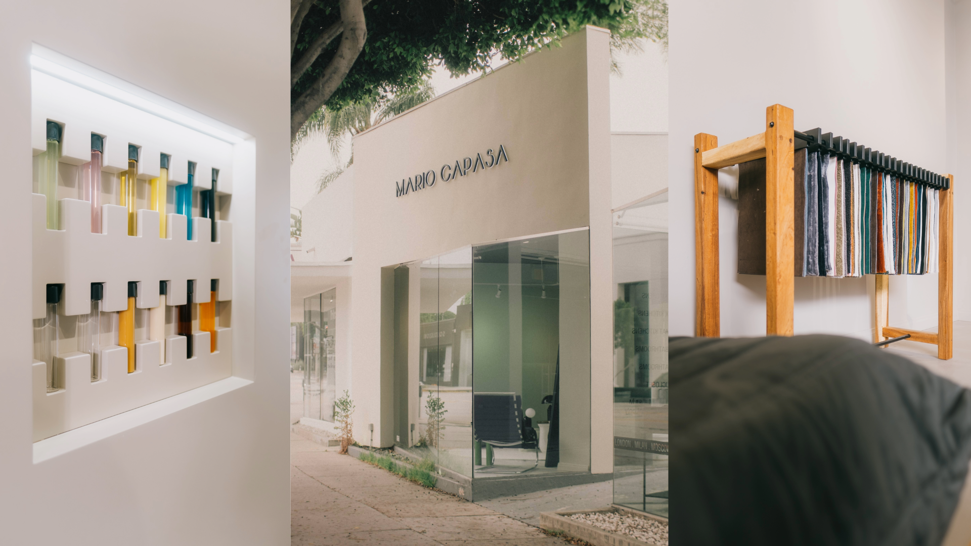 Inside a Beverly Hills furniture showroom featuring Mario Capasa’s sectional sofas and modern coffee table under soft spotlighting; a Los Angeles furniture store known for modular comfort.