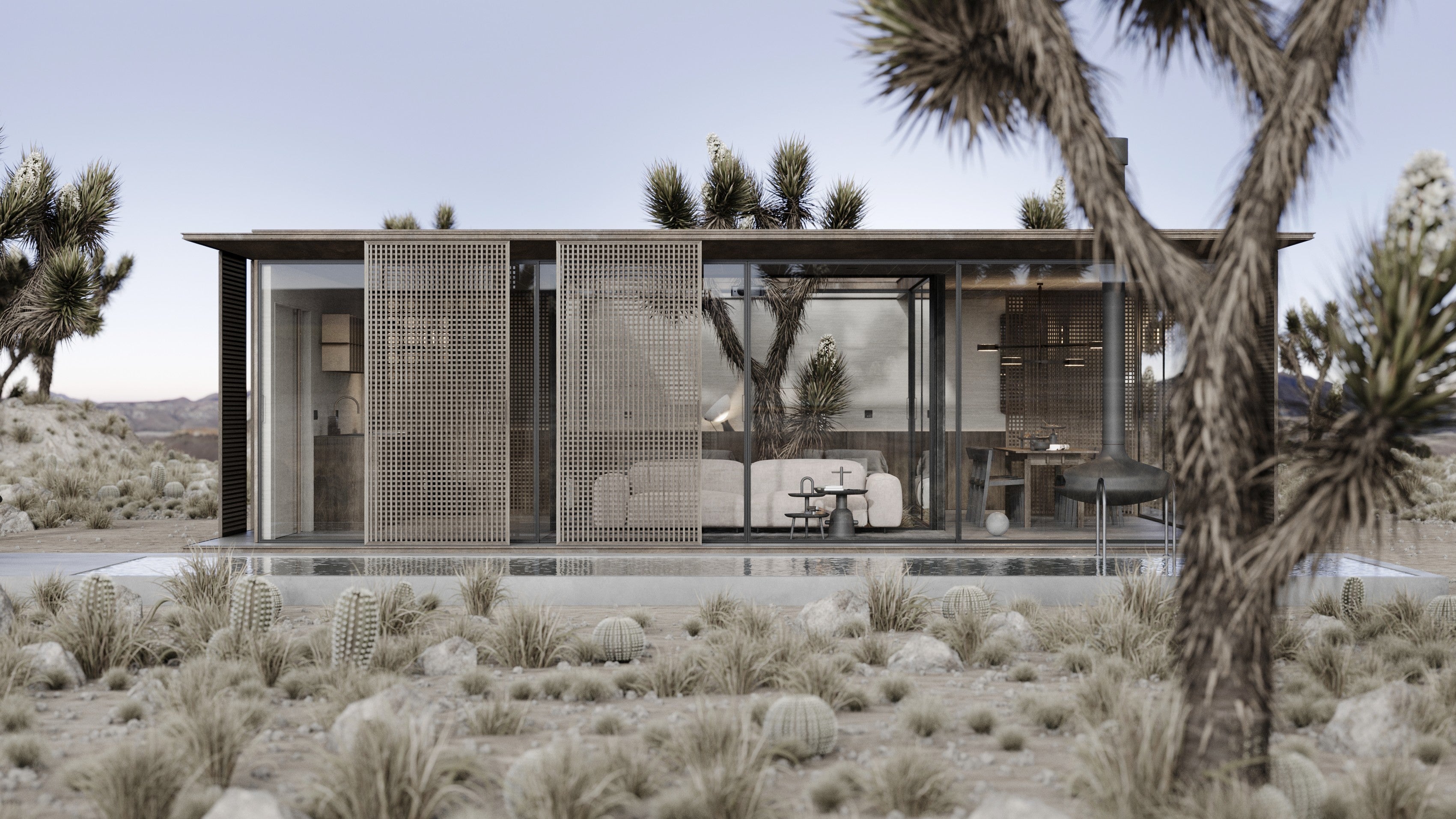 Front elevation of modern desert cabin with perforated screening, glass facade, and visible interior living zones, set within native Joshua Tree landscape with integrated pool design.