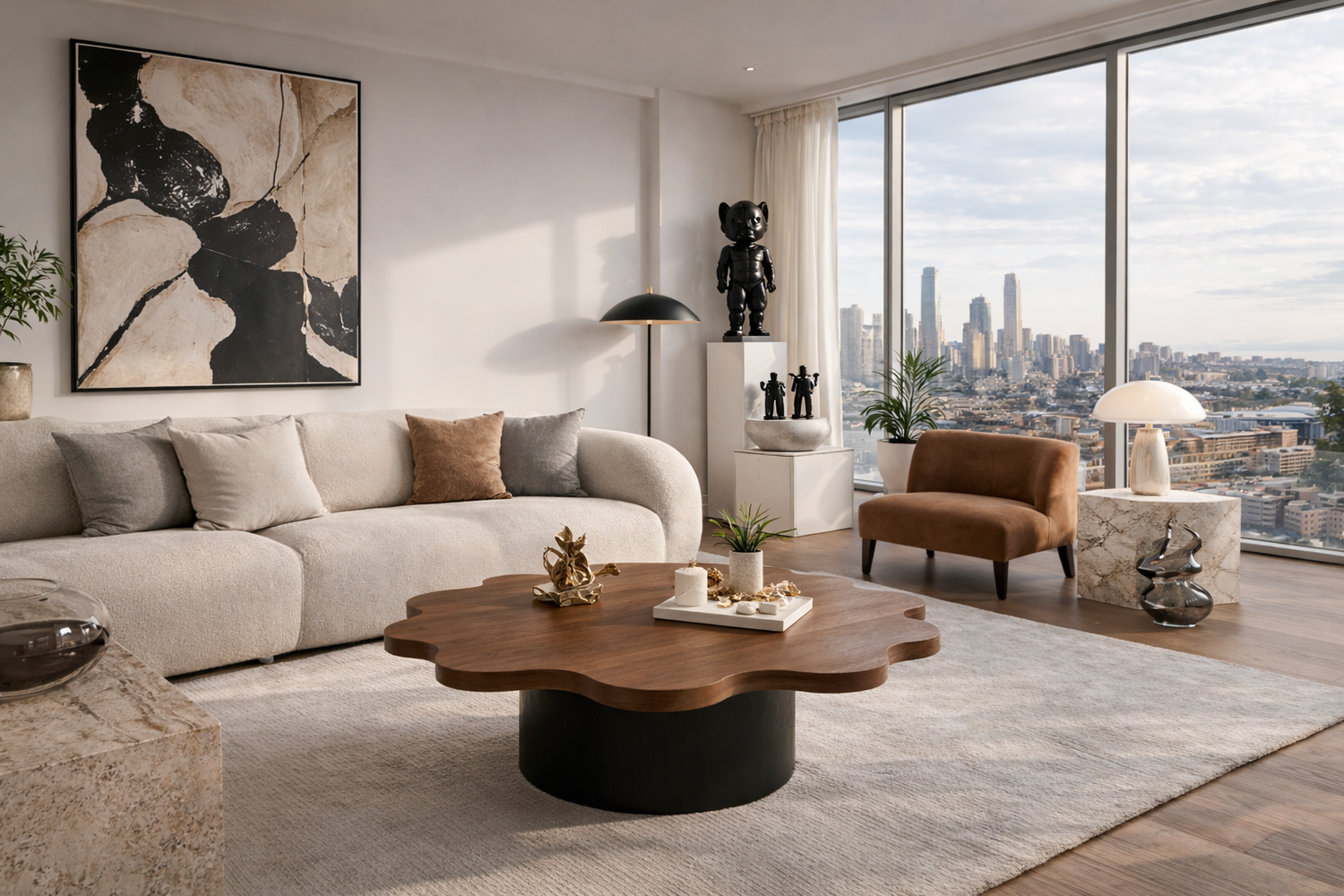 Wavy-edge walnut coffee table with cylindrical black base creating optical illusion of shifting form, styled in modern living room with cloud sofa and skyline view.