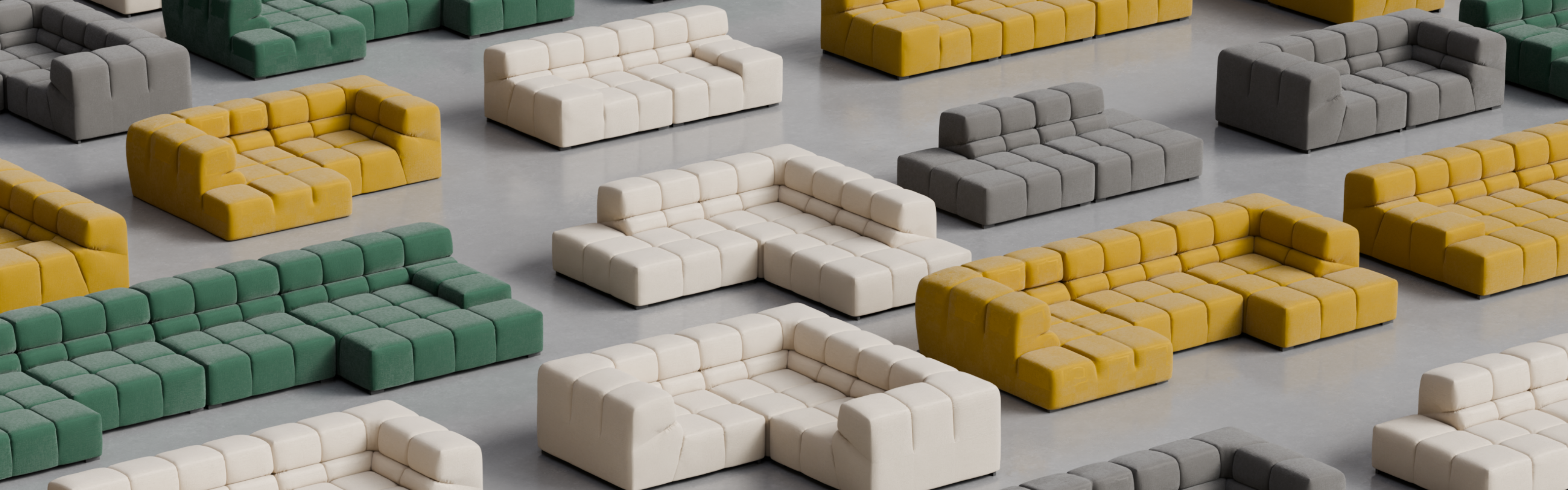 Digital render of multiple Monoblock sofas, sectionals and couches in white, green, yellow and gray