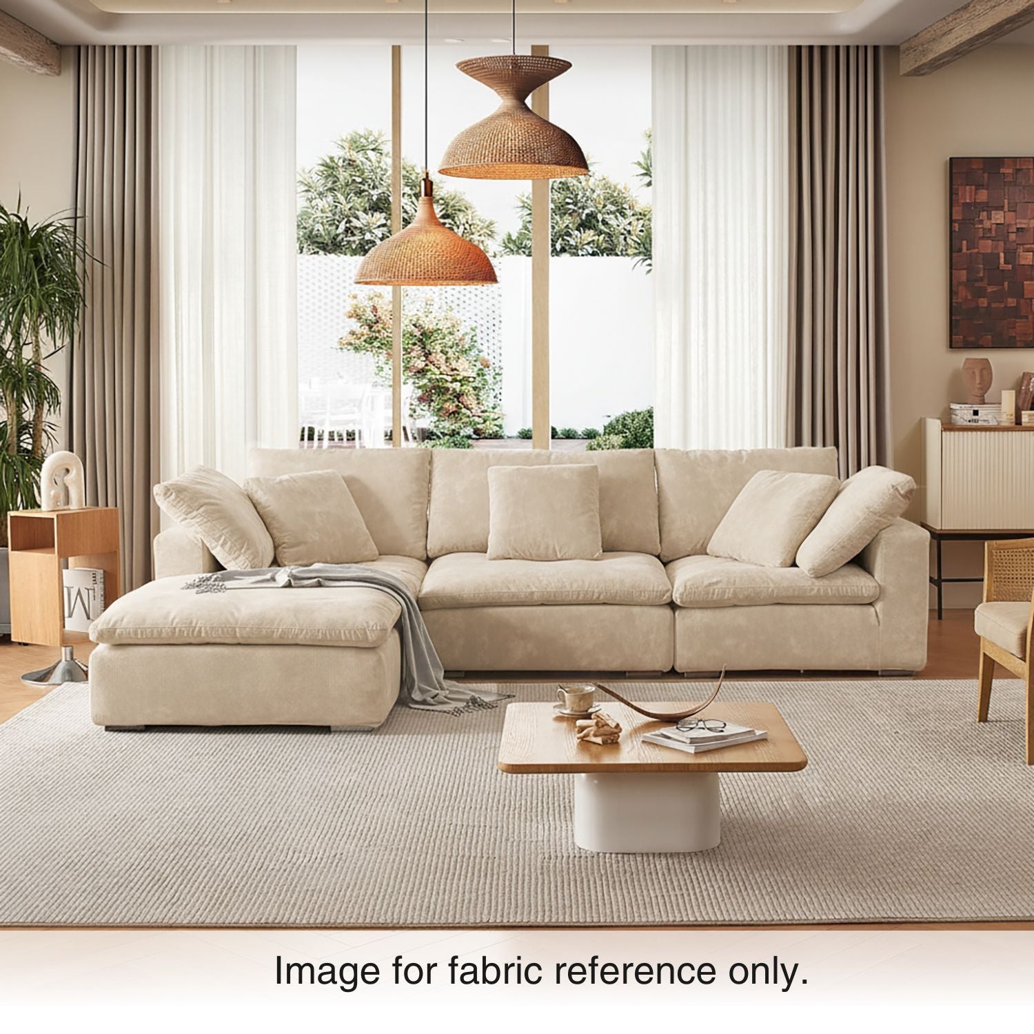 Beige velvet sectional sofa from Mario Capasa featuring plush cushions, durable upholstery, and clean lines.