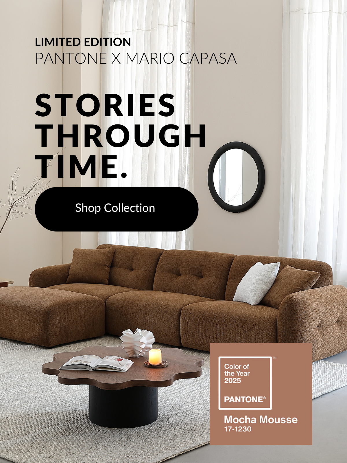 Retro brown modular sectional by Mario Capasa with an art deco coffee table in a color muted living room.