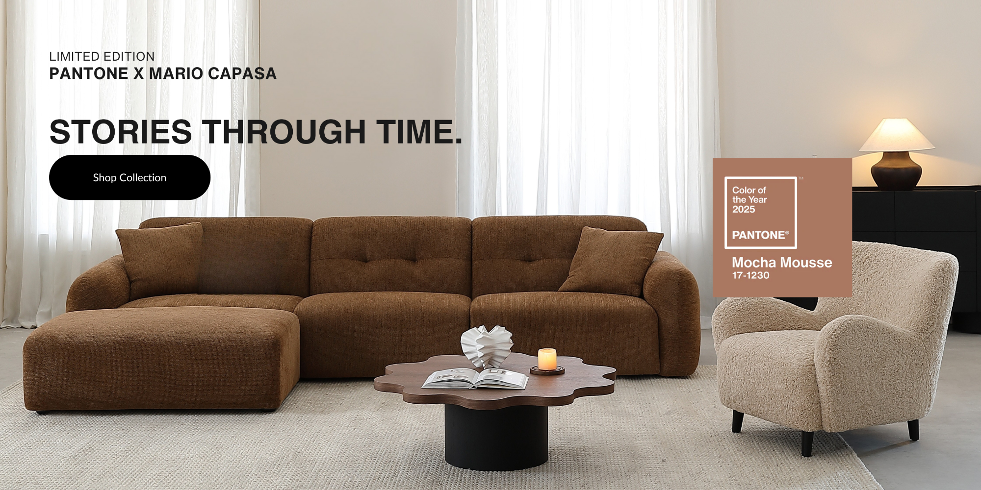 Modern furniture collection featuring Mario Capasa x pantone collaboration that has a deep velvet sofa and a boucle accent chair.