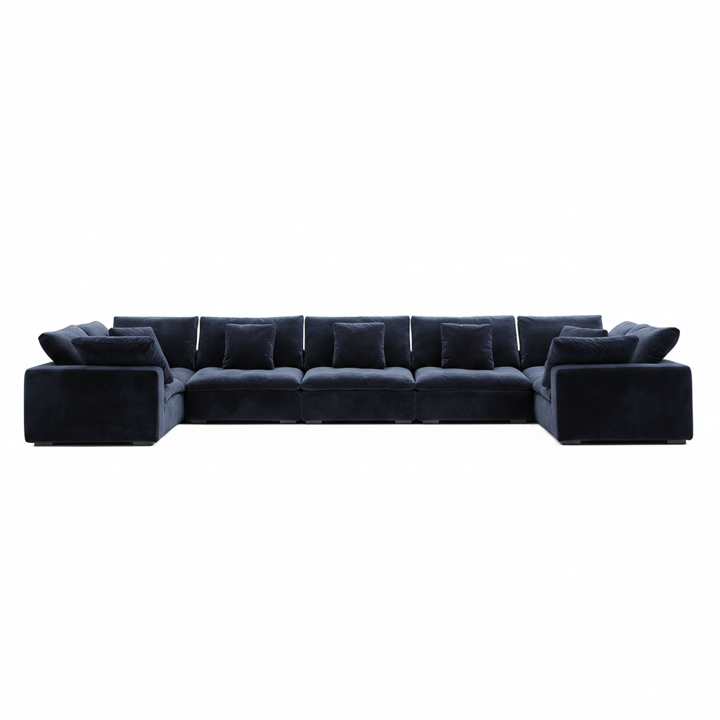 Luxurious navy velvet sectional with plush depth and smooth home furniture finish.