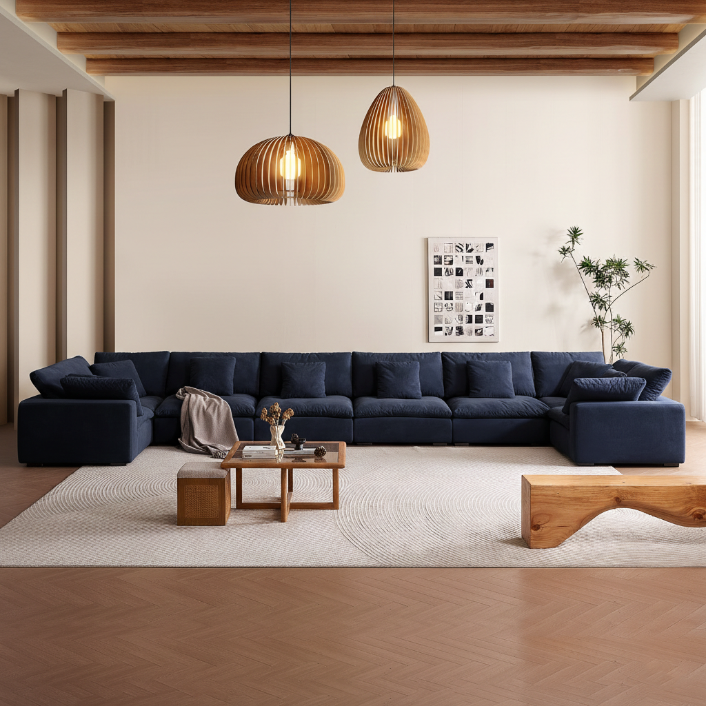 Plush velvet u-sectional in sky-blue shade, crafted for serene home furniture layouts.