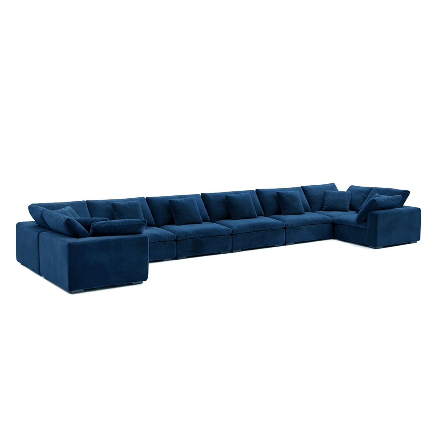 Modern cobalt velvet sofa with Hyperfoam structure and refined living room furniture shape.