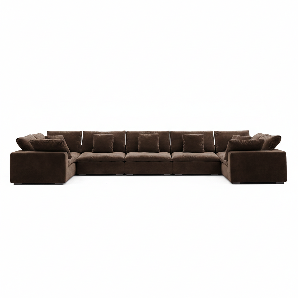 Deep seating brown velvet couch with refined tailoring for modern home furniture.