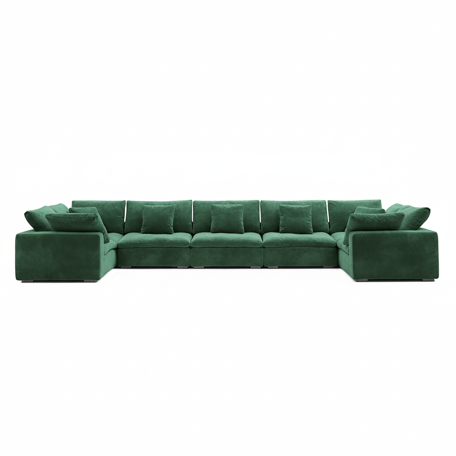 Cozy velvet u-shaped couch in emerald hue, perfect for serene home furniture interiors.