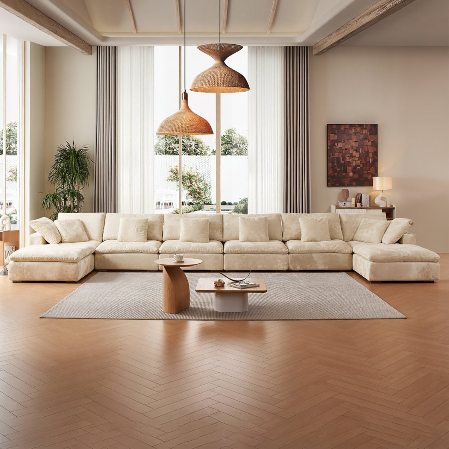 Modern living room with a beige sectional sofa, wooden coffee table, and pendant light.