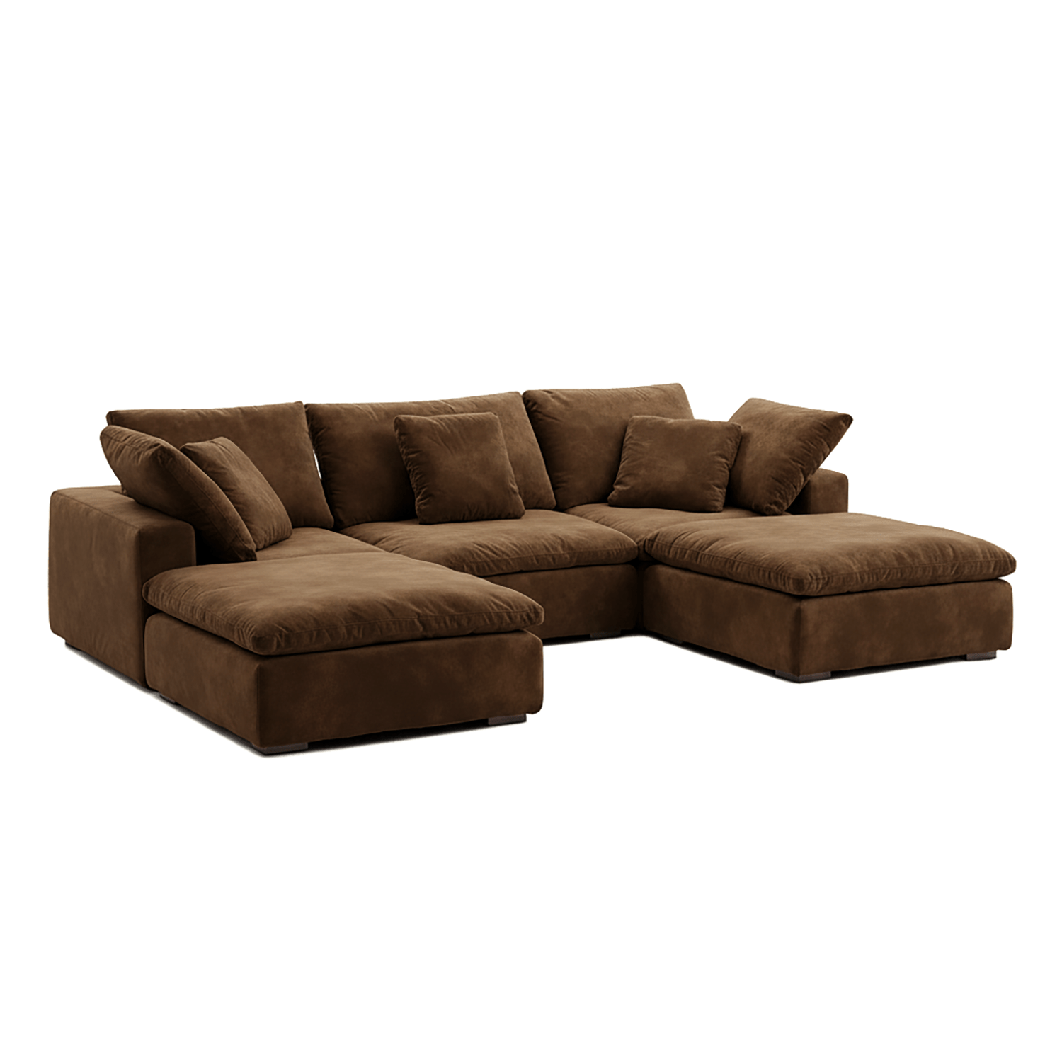 Low-slung chocolate velvet sofa with sculptural lines and refined living room furniture appeal.