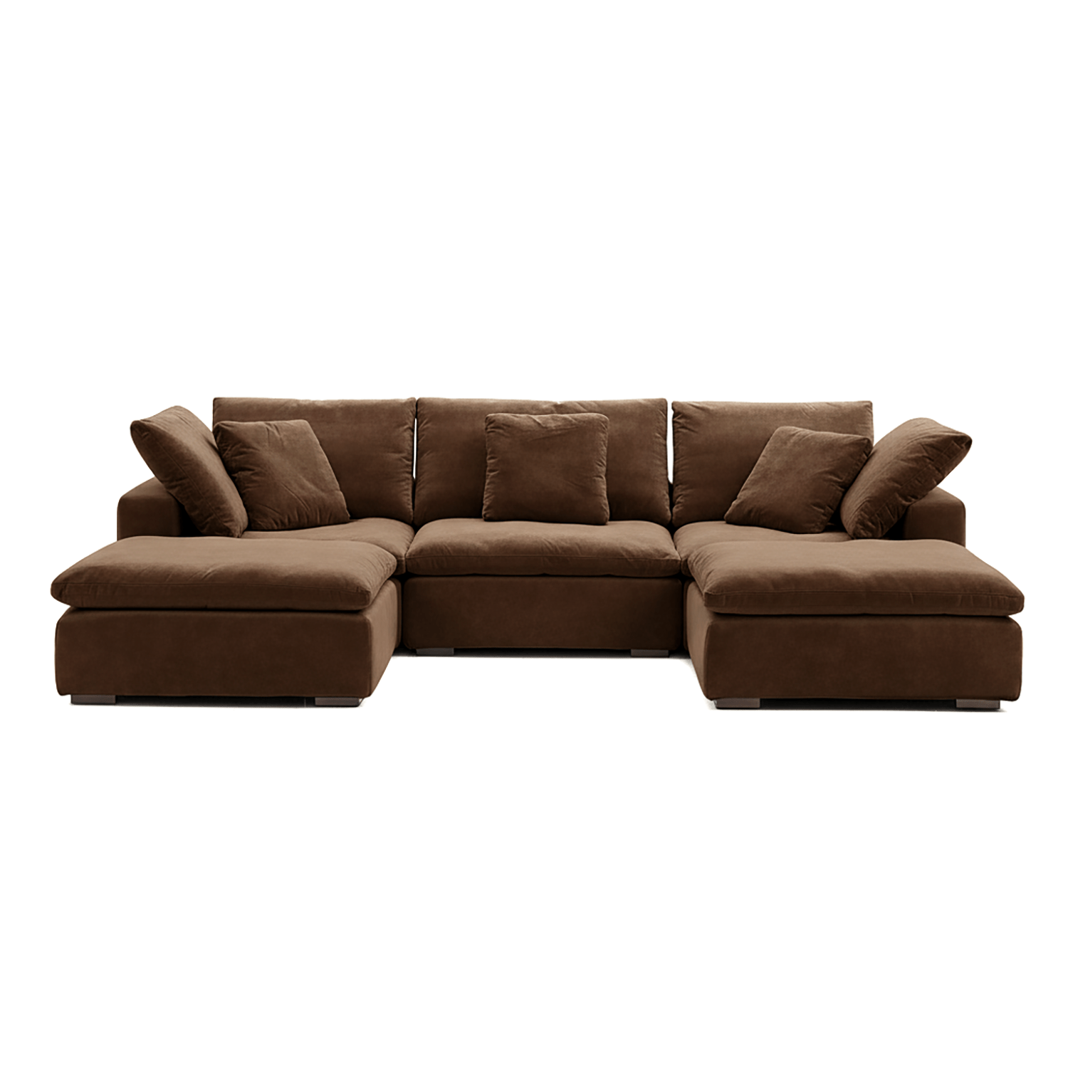 Deep brown velvet couch with plush cushions and soft modular living room furniture design.