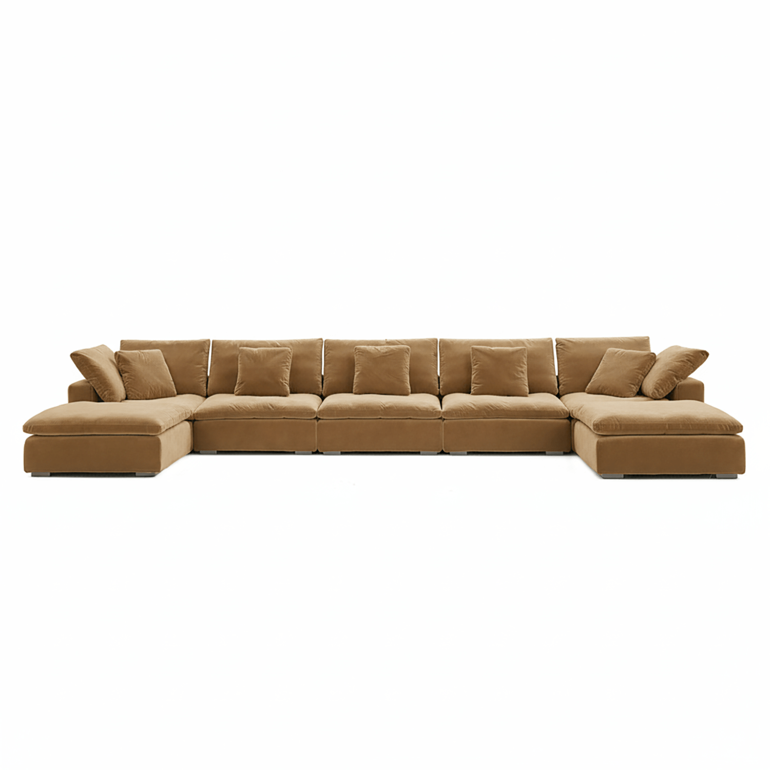 Brown velvet sectional sofa with plush cushions, designed for modern living room furniture.