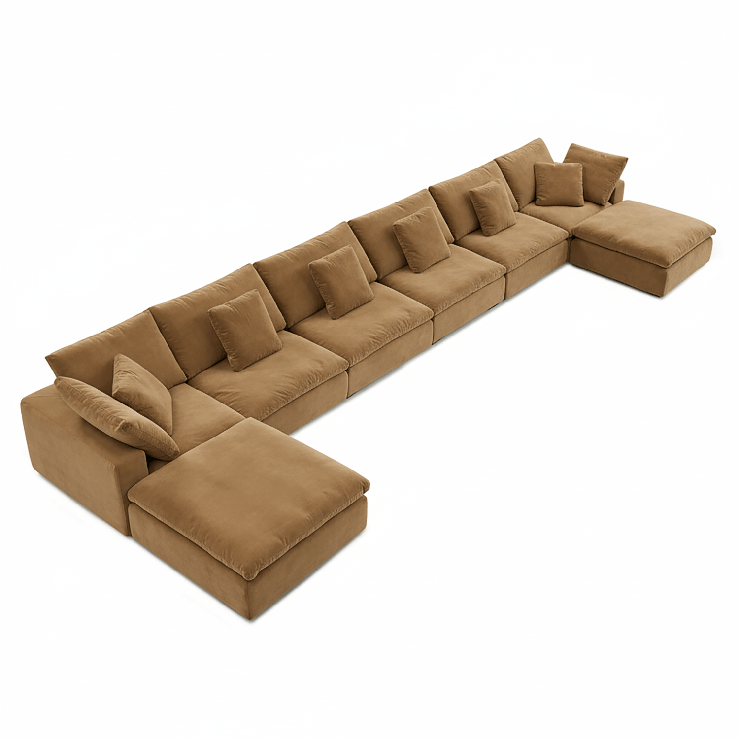 Modern brown velvet sectional sofa with oversized pillows, styled for home furniture collections.