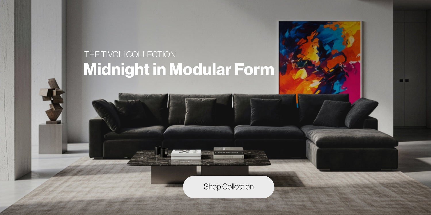 Black velvet modular sectional sofa by Mario Capasa, styled in a contemporary space