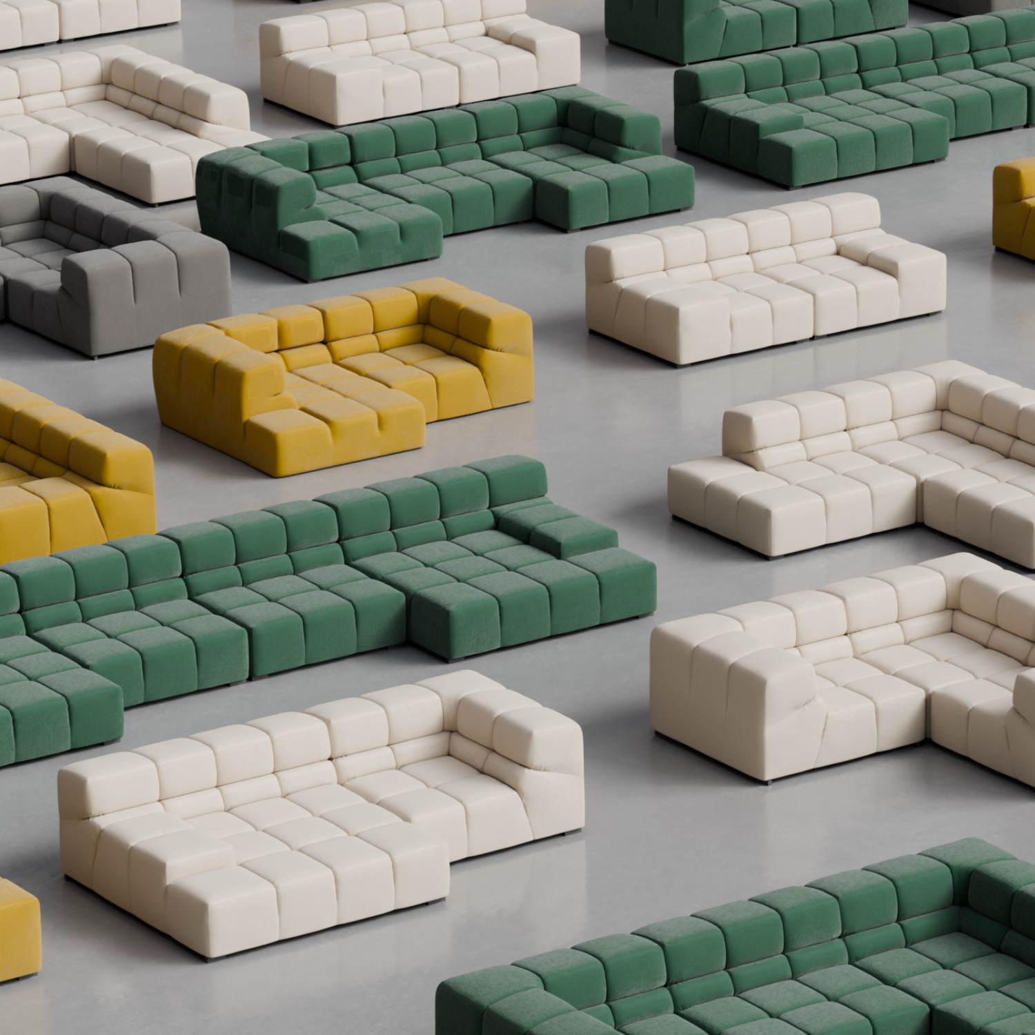 Graphic art of multiple Mario Capasa Amora modular couches in white, green, gray and white