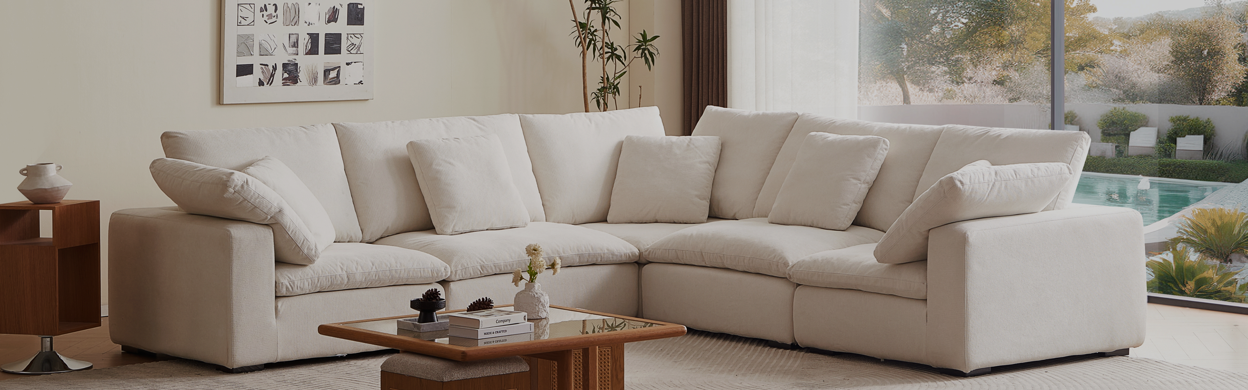 Modern modular sofa with cubic structure and soft cushions, part of designer home furniture.