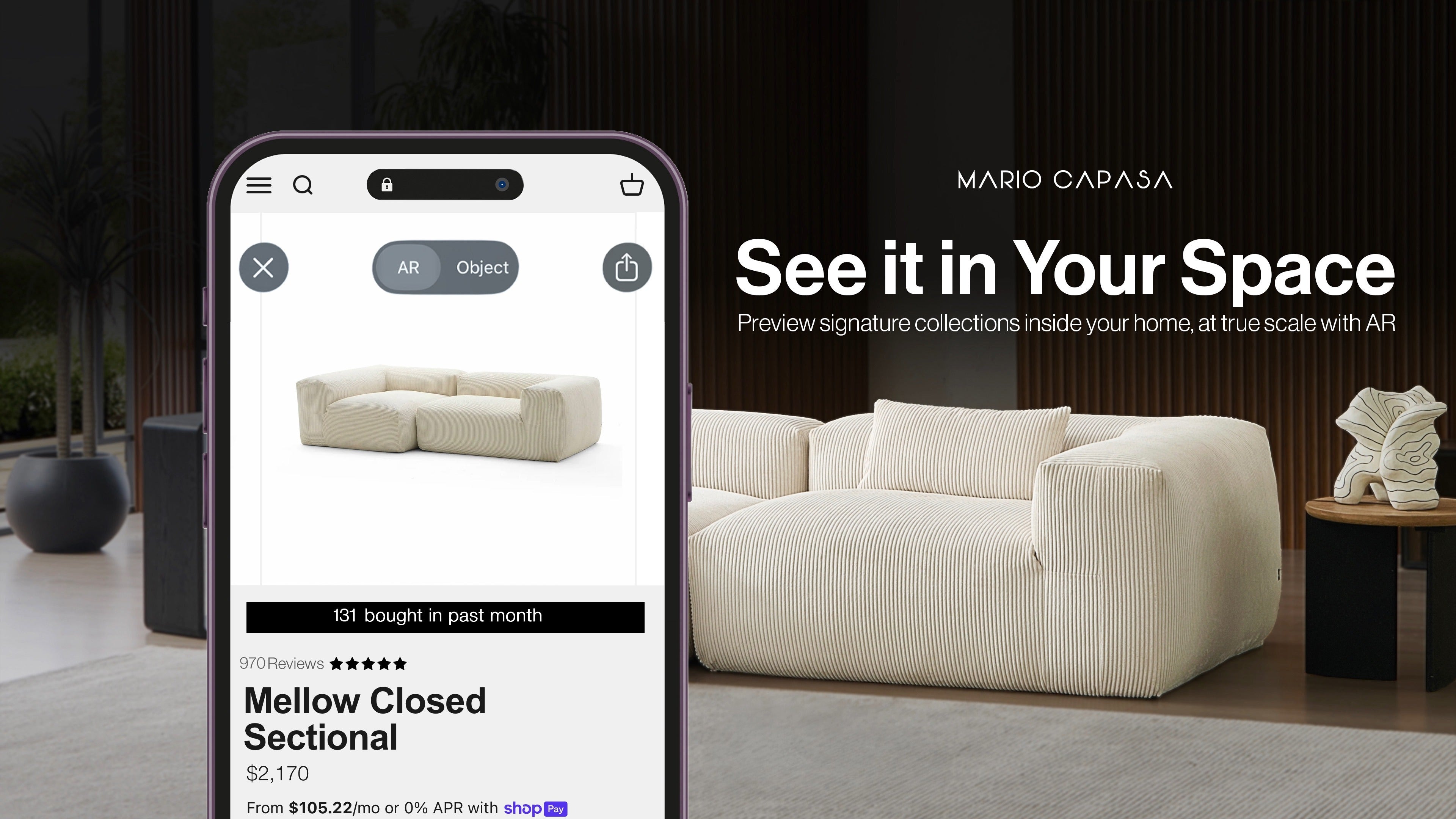 Phone showcasing an AR feature of a boneless couch with See it in your space in background 