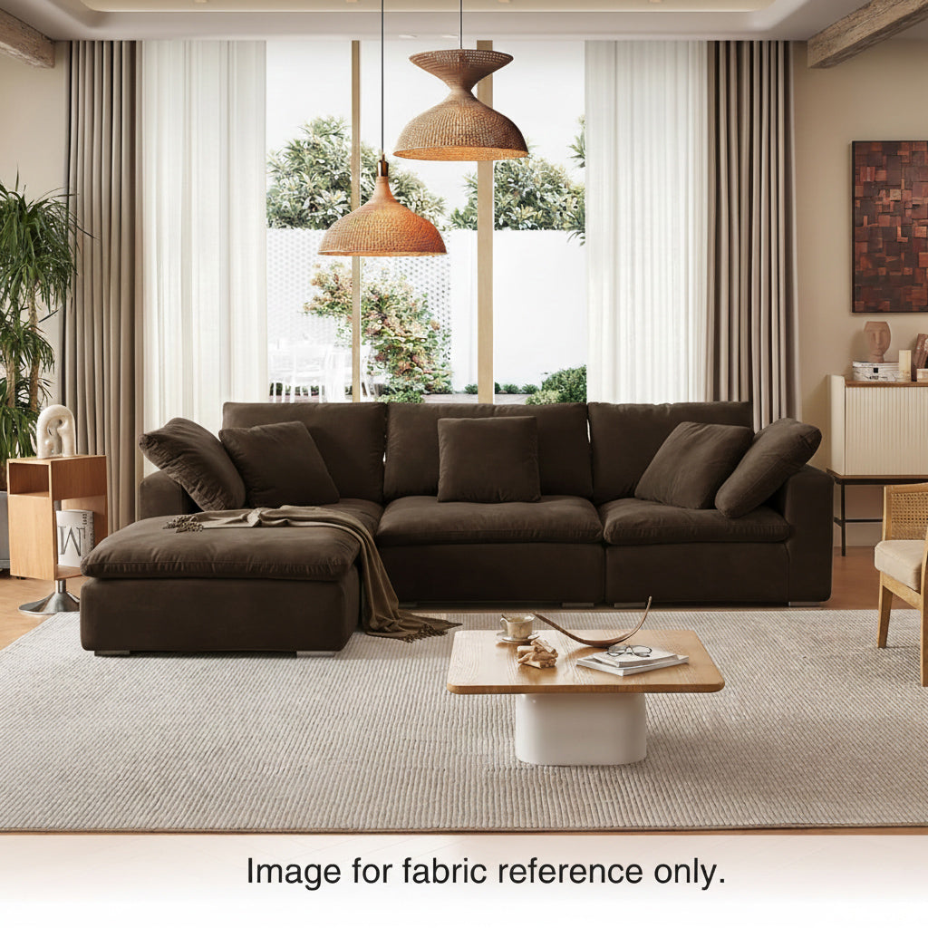 Modern living space with a brown velvet sectional sofa and warm neutral palette, part of the Tivoli Velvet Couch Collection by Mario Capasa.