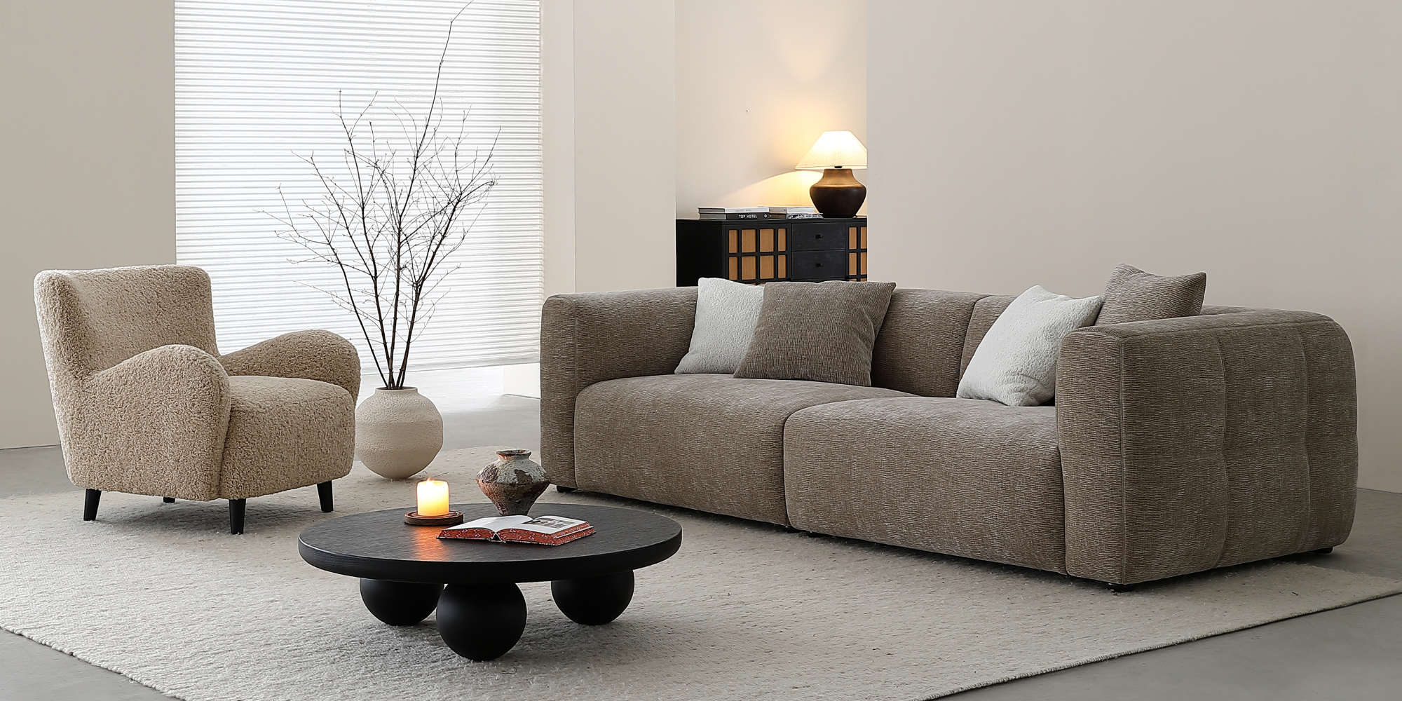Modern living room furniture banner featuring Mario Capasa modular sofas and sectionals in a Los Angeles showroom.