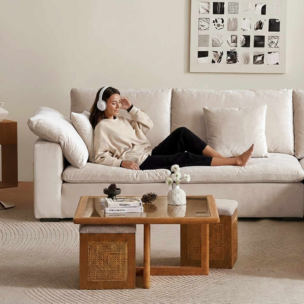 Woman sitting on a beige sofa in a living room with a wooden coffee table.