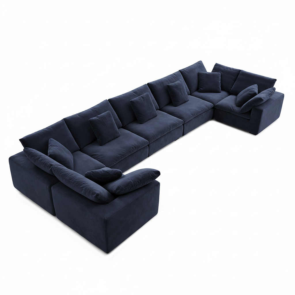 Classic velvet sectional sofa in royal blue, styled for modern home furniture settings.