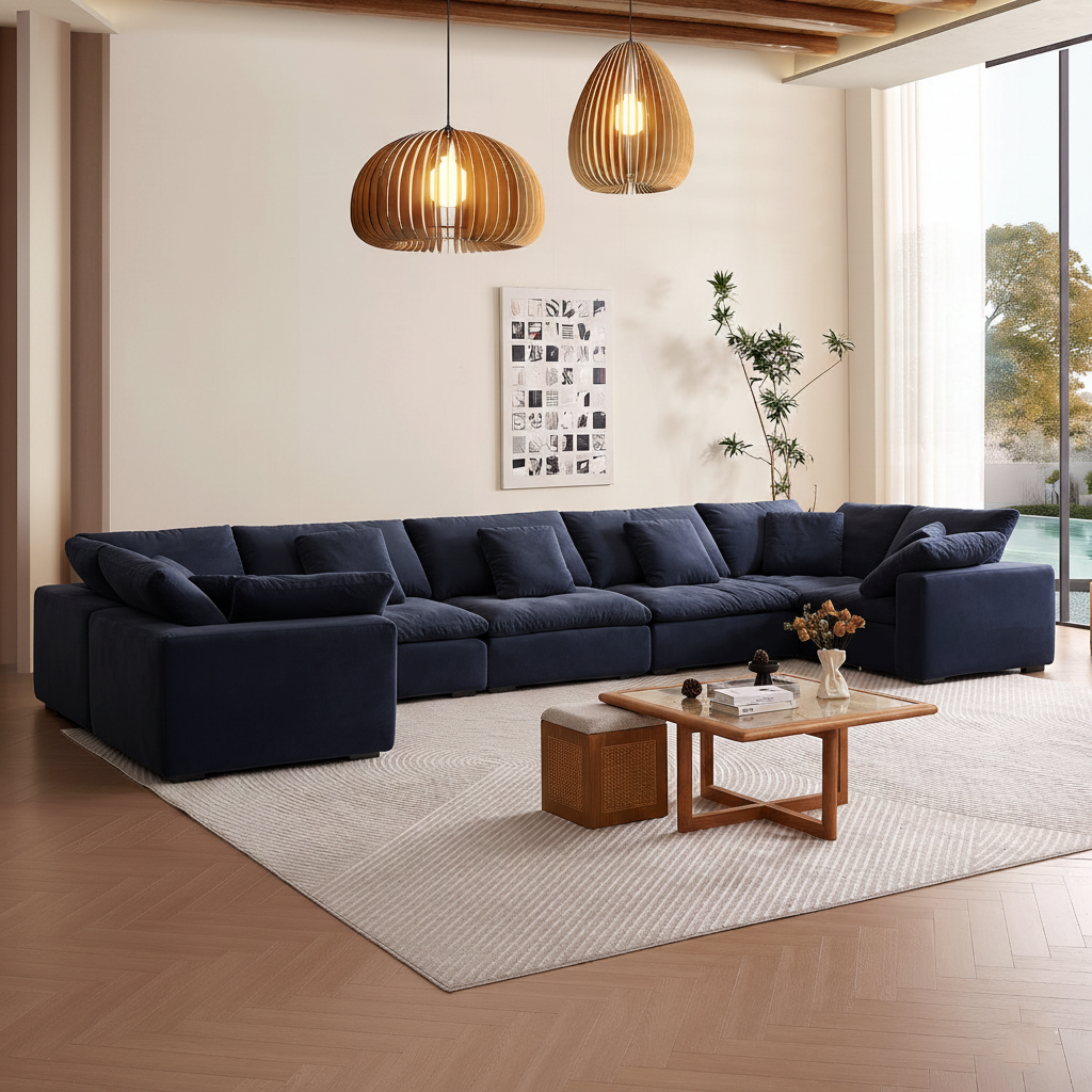 Sculptural blue velvet couch with deep cushions, featured in modern living room furniture.