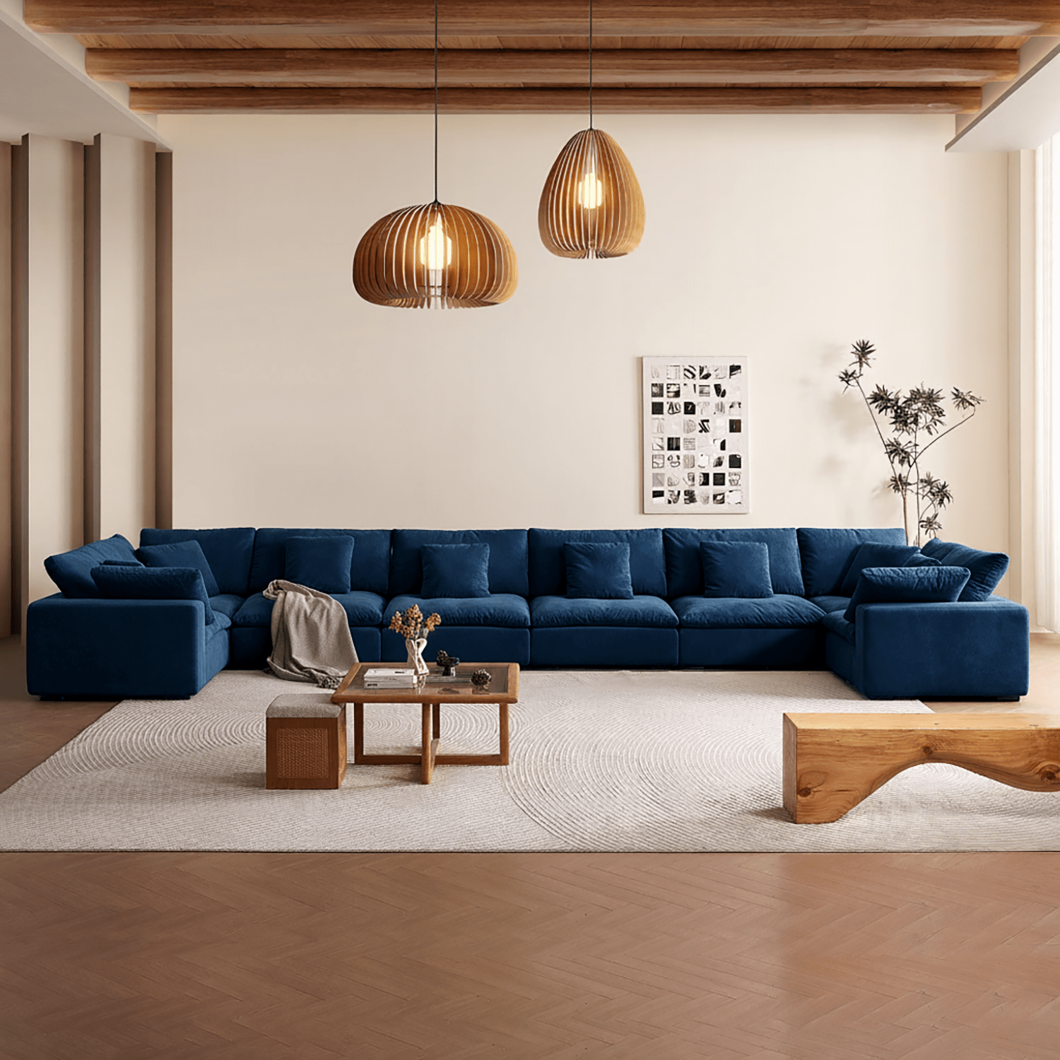 Plush velvet u-sectional in sky-blue shade, crafted for serene home furniture layouts.