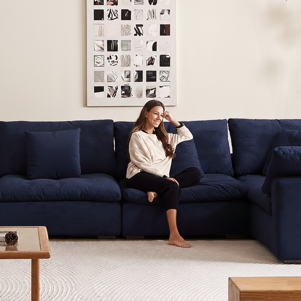 Stylish velvet loveseat in royal blue tone, complementing curated living room furniture.