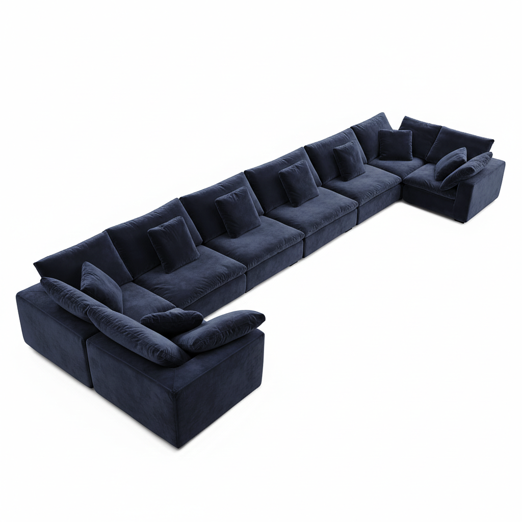 Modern cobalt velvet sofa with Hyperfoam structure and refined living room furniture shape.