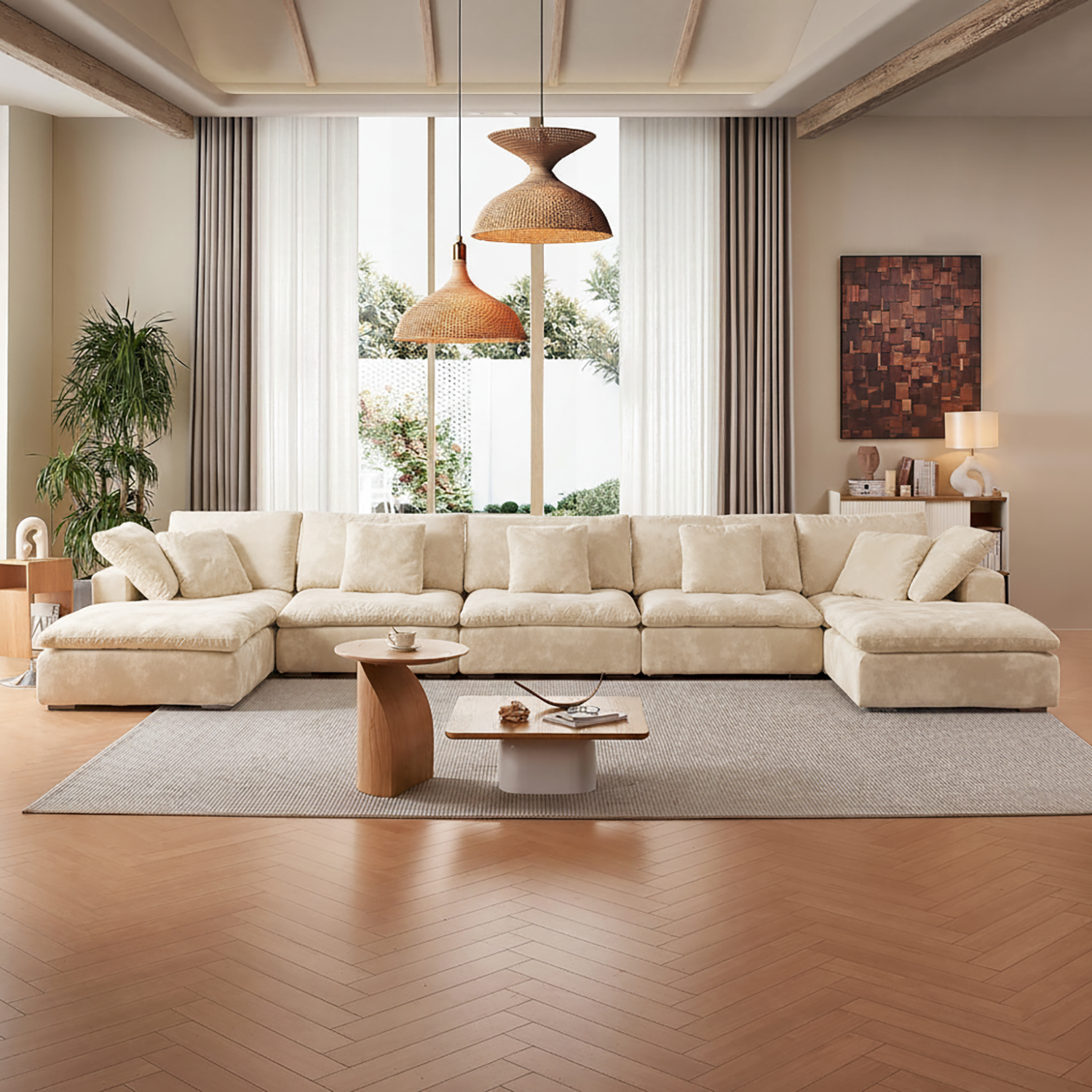 Modern living room with a beige sectional sofa, wooden coffee table, and decorative elements.