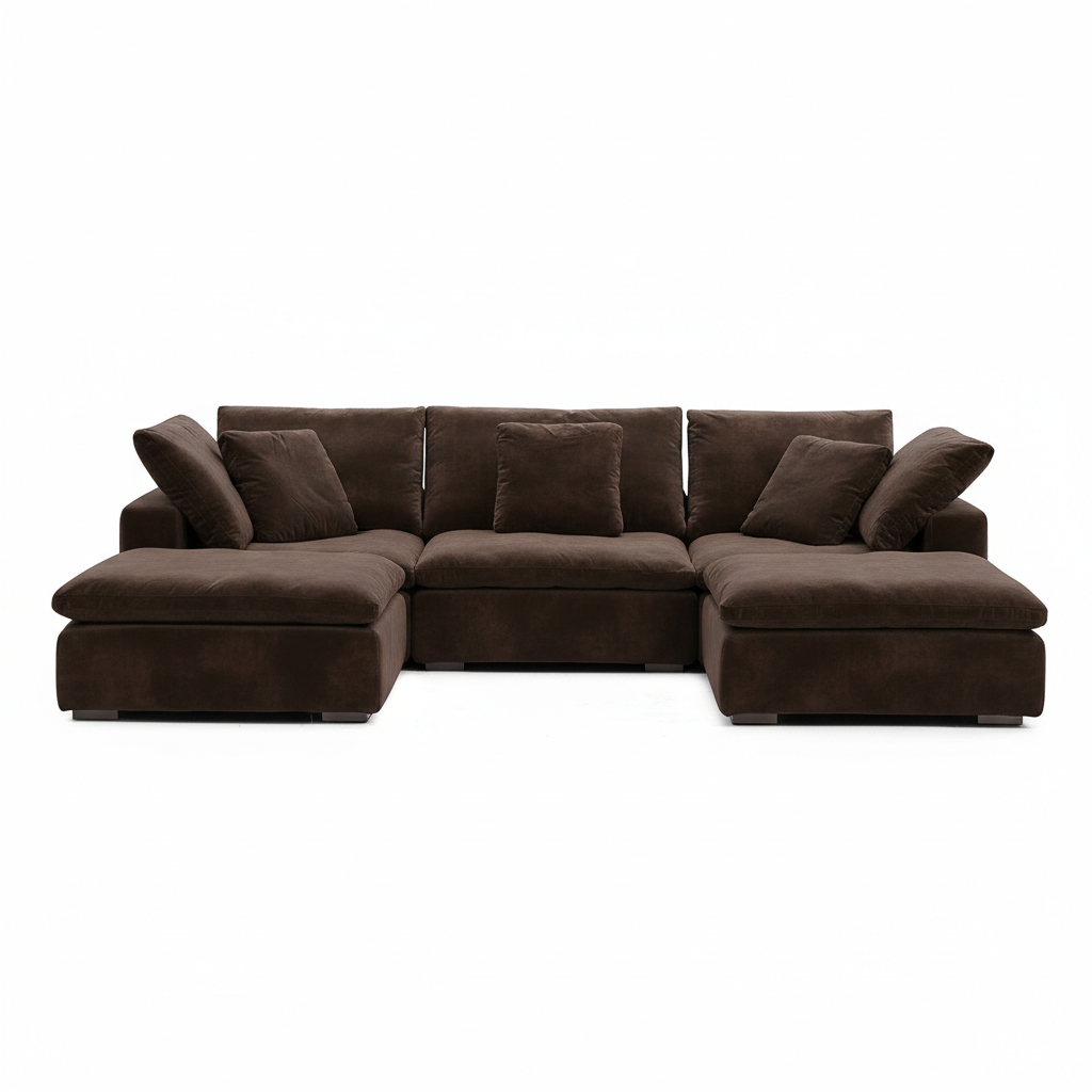 Deep brown velvet couch with plush cushions and soft modular living room furniture design.