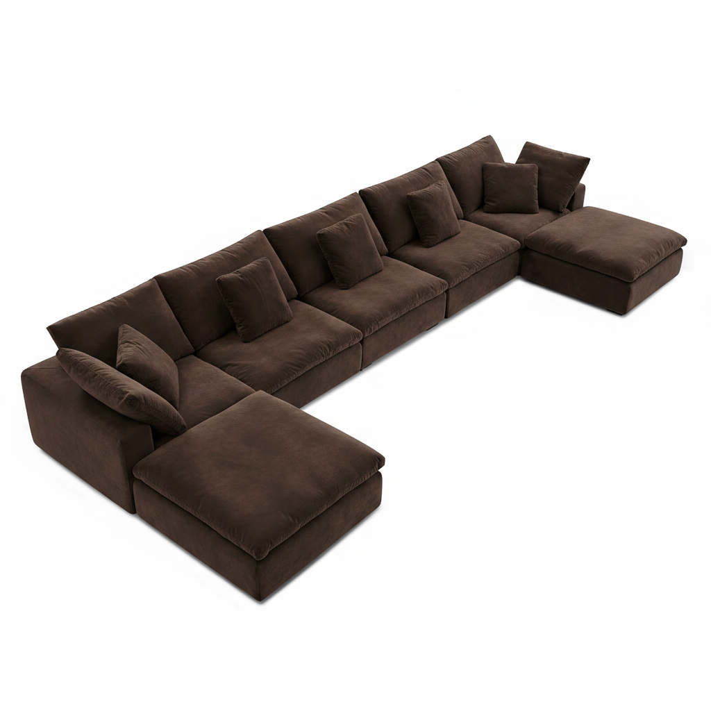 Soft mocha velvet sofa with refillable cushions, designed for elevated modern home furniture.