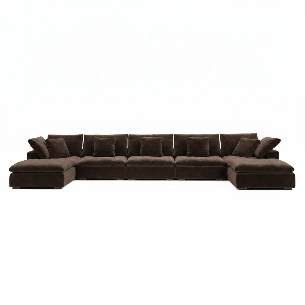 Oversized velvet sectional couch in walnut tone, defining sculptural home furniture comfort.