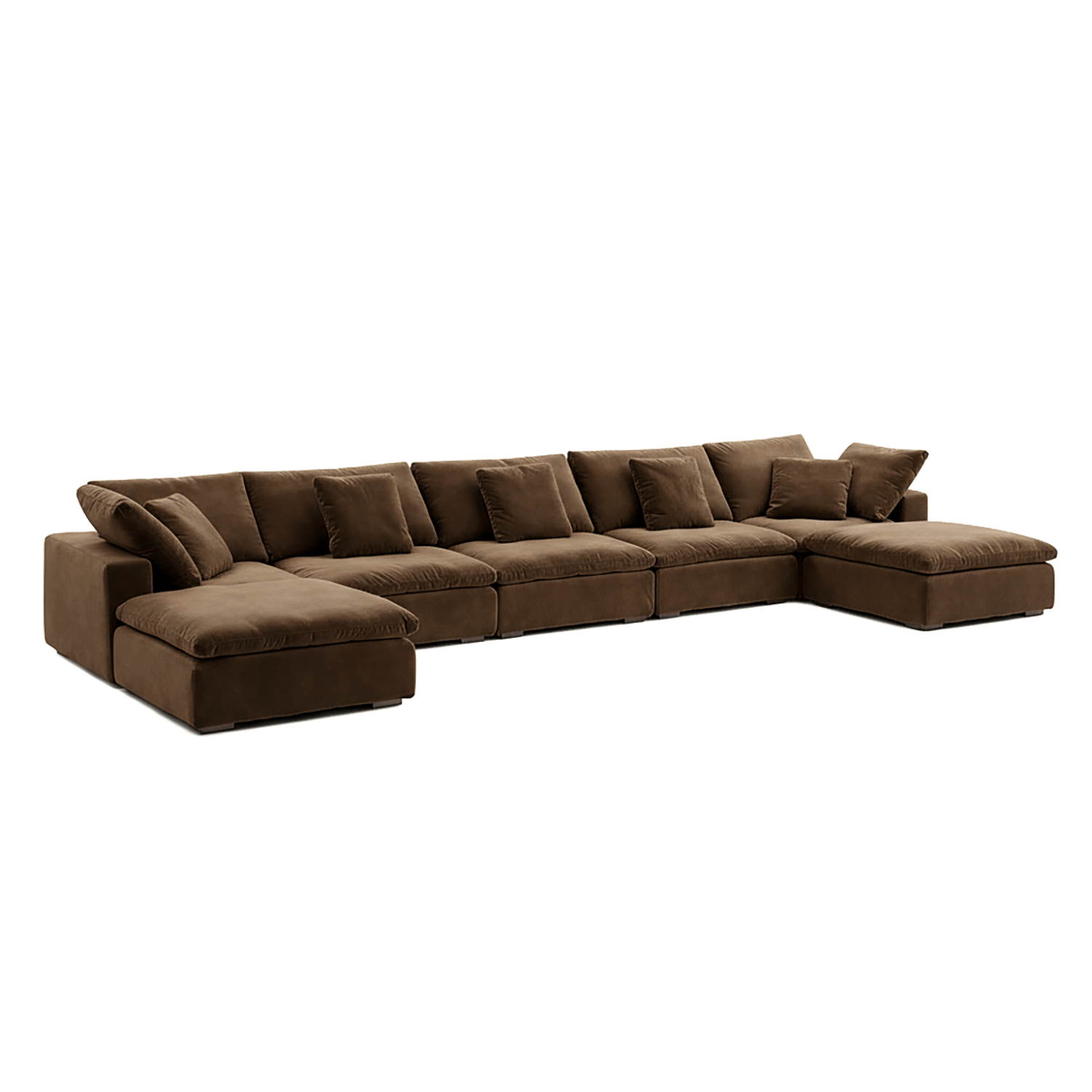 Oversized velvet sectional couch in walnut tone, defining sculptural home furniture comfort.