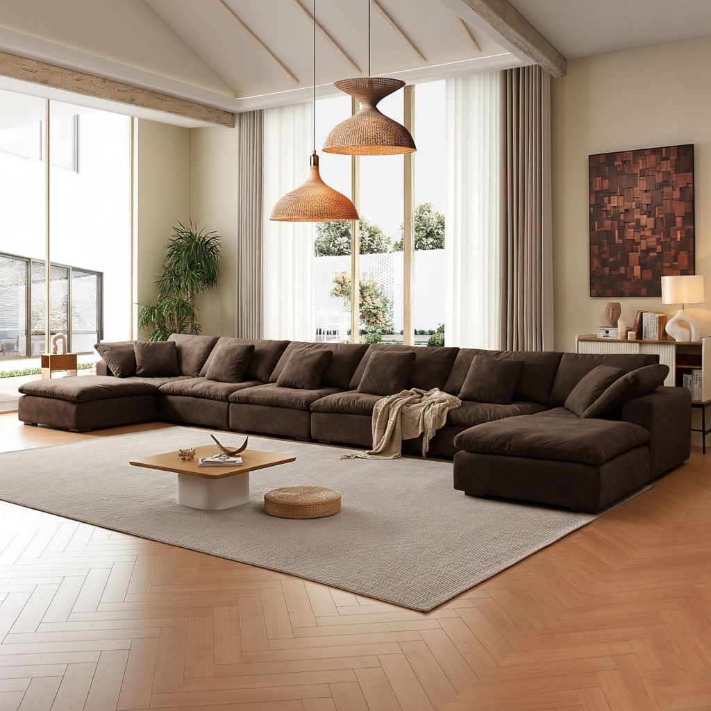 Sleek velvet sectional sofa in coffee tone, crafted for warm home furniture interiors.