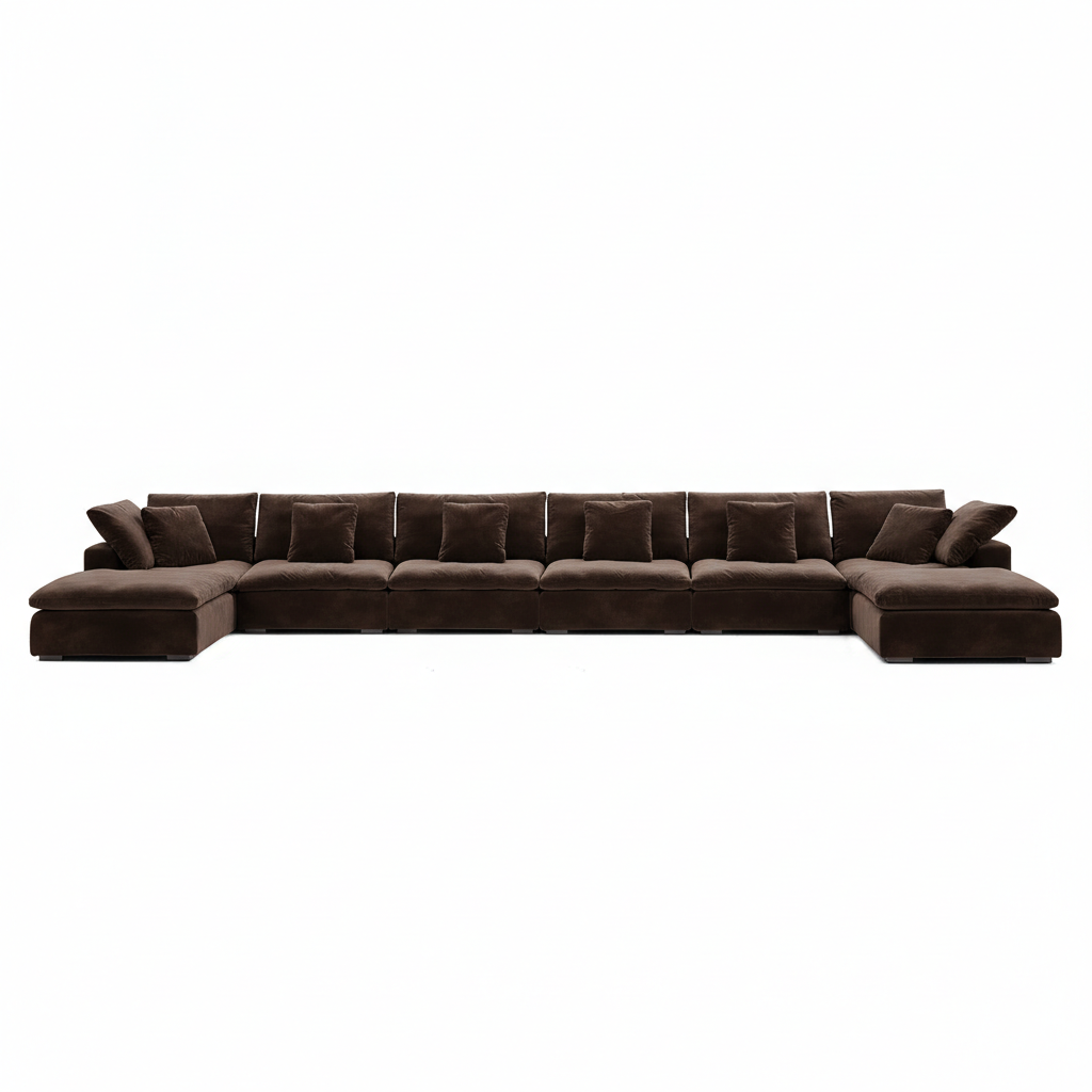 Textured espresso velvet sectional with cloud-like softness, part of modern home furniture.