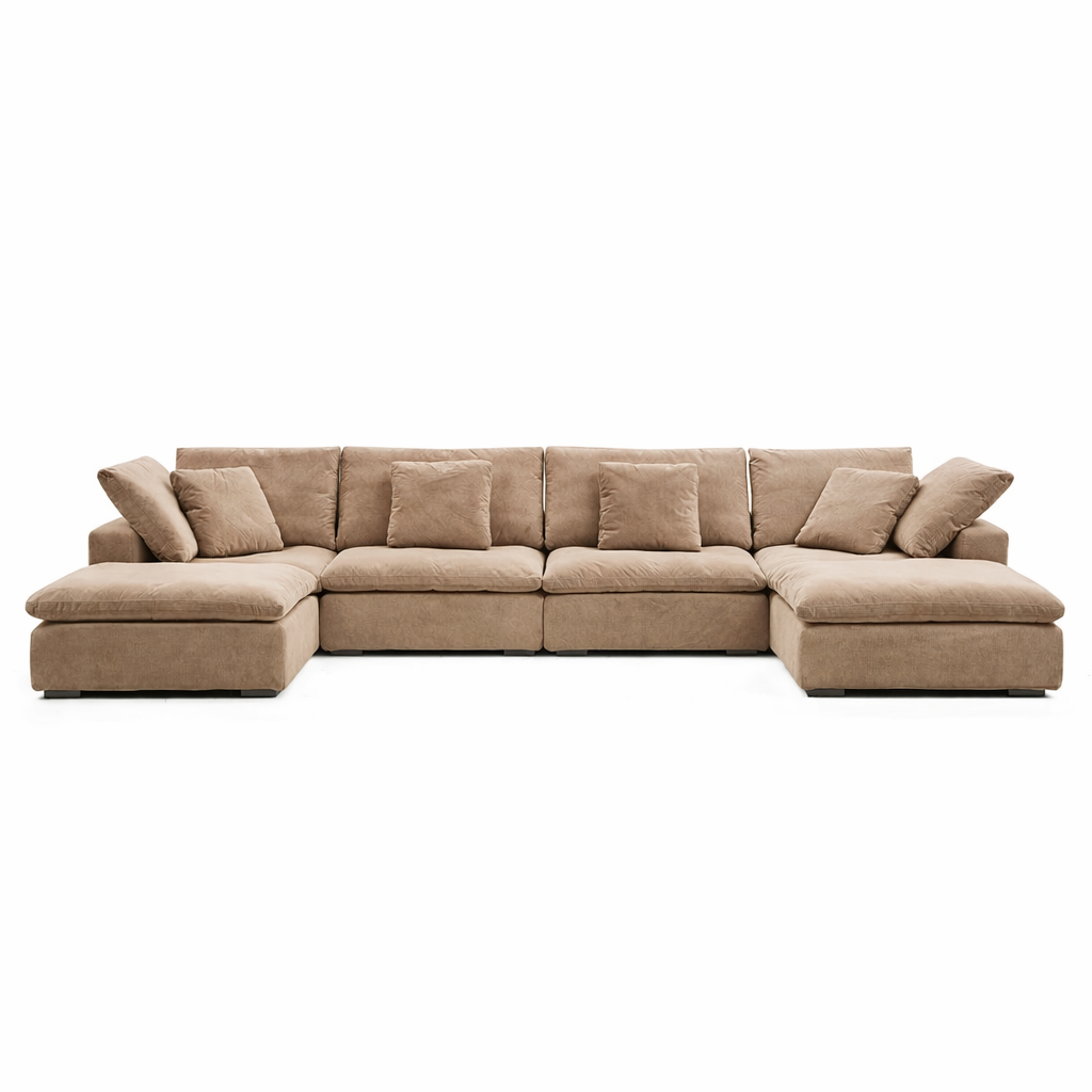 Plush velvet sectional couch in mocha velvet for modern living room furniture styling.