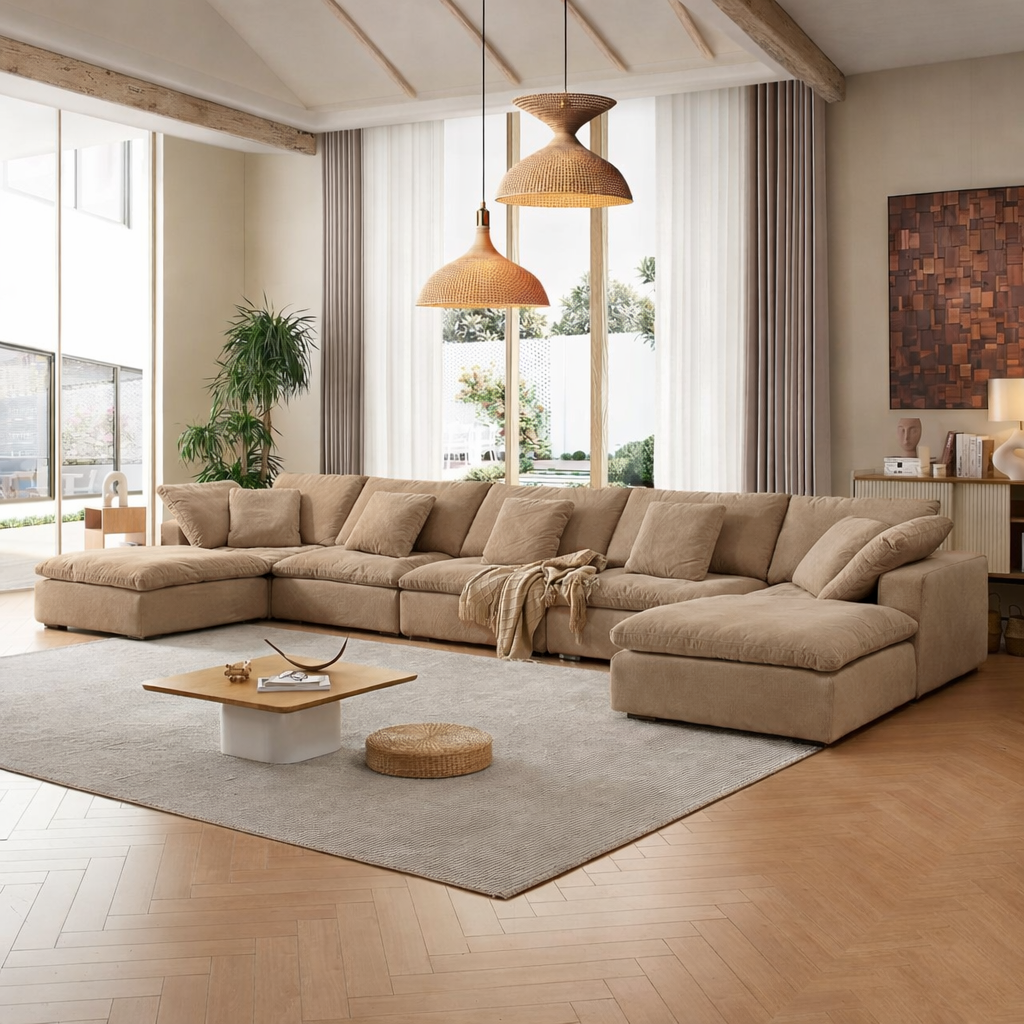 Brown velvet sectional sofa with plush cushions, designed for modern living room furniture.