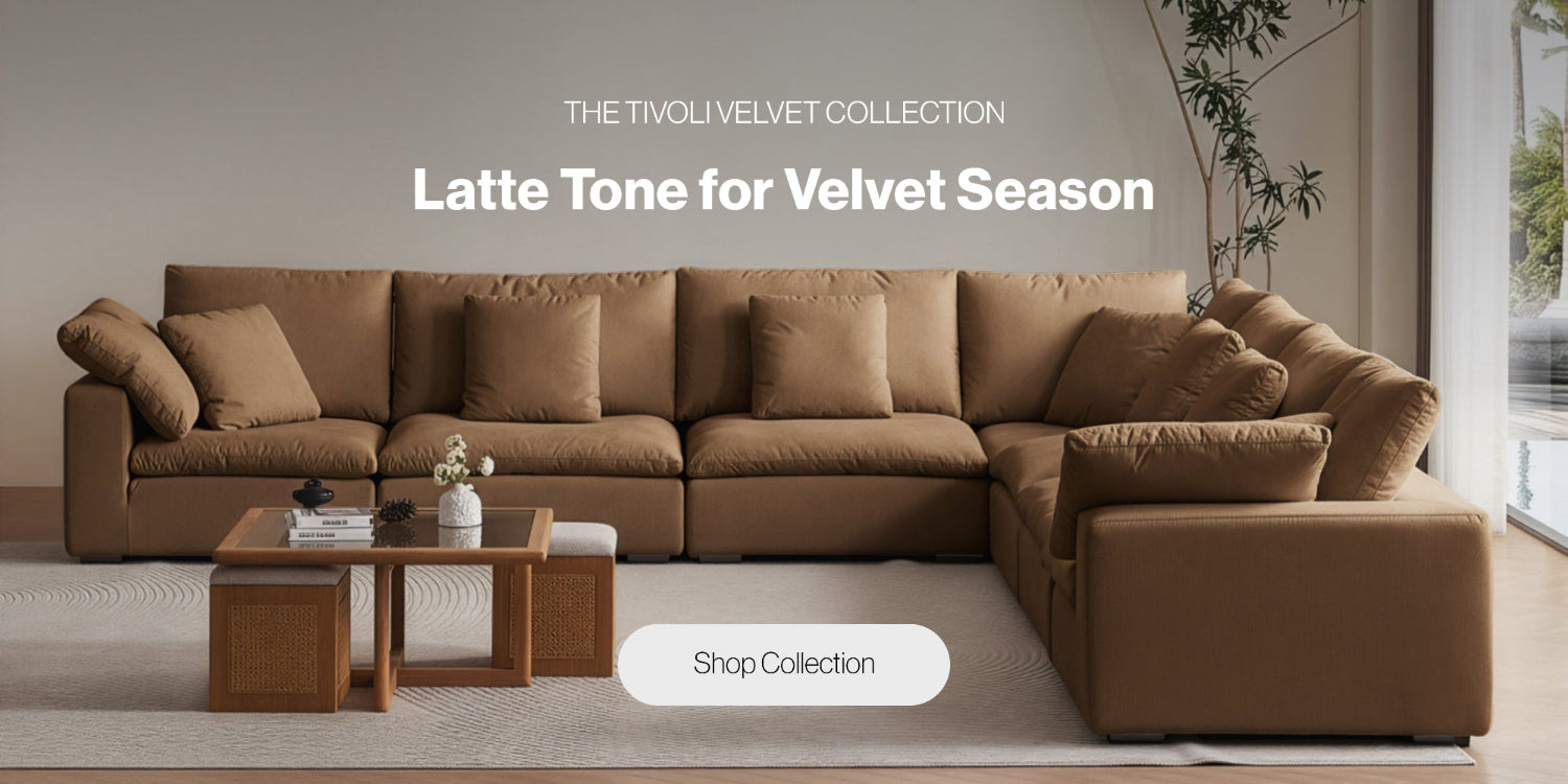 Brown sectional sofa in a living room with 'The Tivoli Velvet Collection' text.