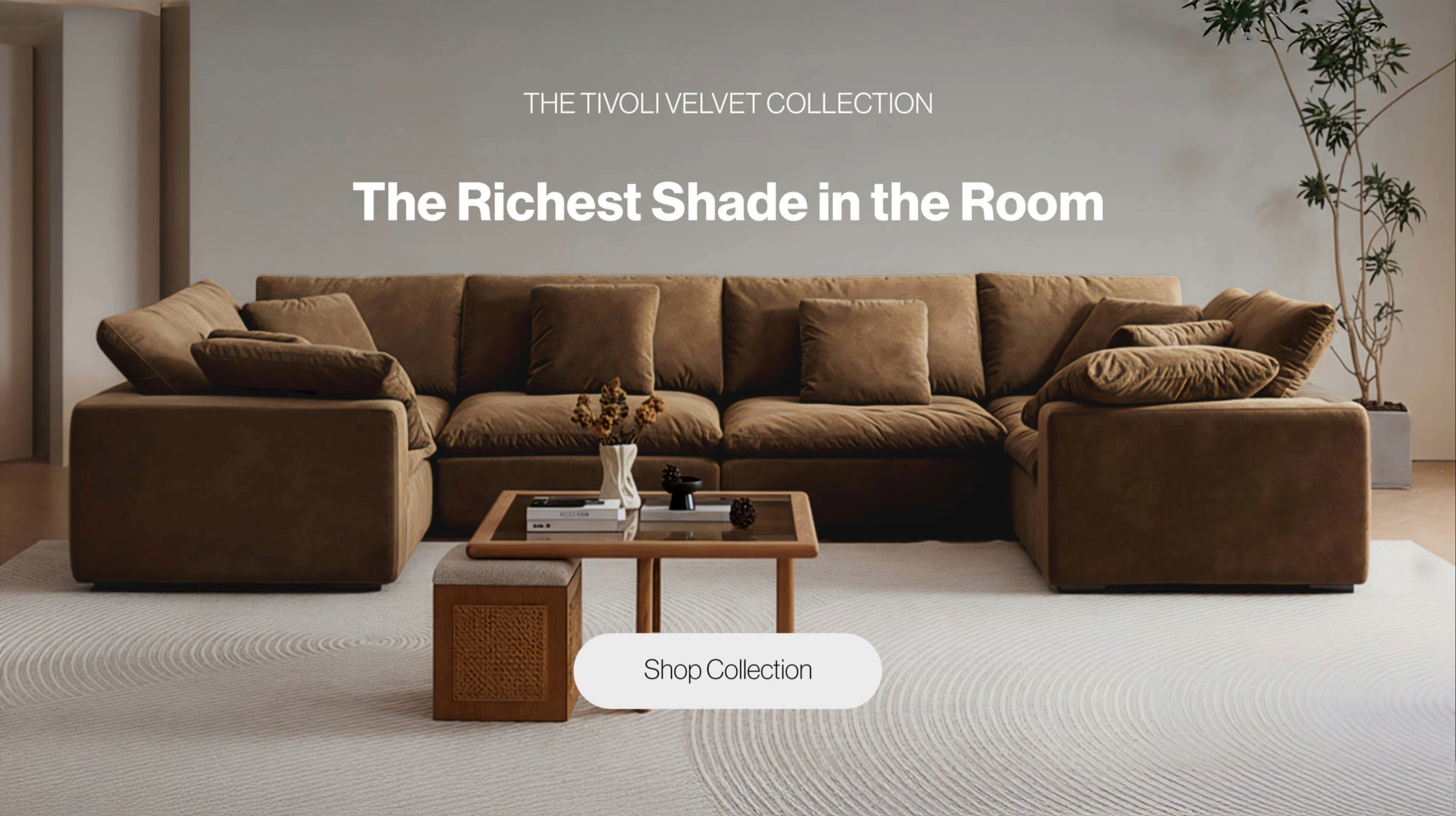 Brown sectional sofa in a room with 'The Tivoli Velvet Collection' text.